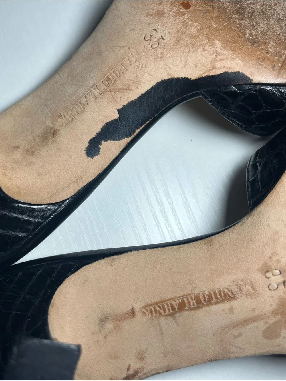 Manolo Blahnik Black Cross-Strap Leather Slide Heels